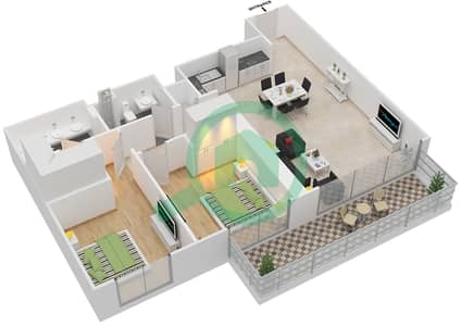 المخططات الطابقية لتصميم الوحدة 8 FLOOR 2-17 شقة 2 غرفة نوم - برج كريك هورايزون 1