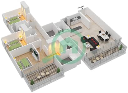 المخططات الطابقية لتصميم الوحدة 2 FLOOR 2-17 شقة 3 غرف نوم - برج كريك هورايزون 1