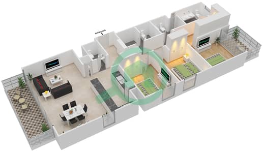 المخططات الطابقية لتصميم الوحدة 7 FLOOR 2-17 شقة 3 غرف نوم - برج كريك هورايزون 1
