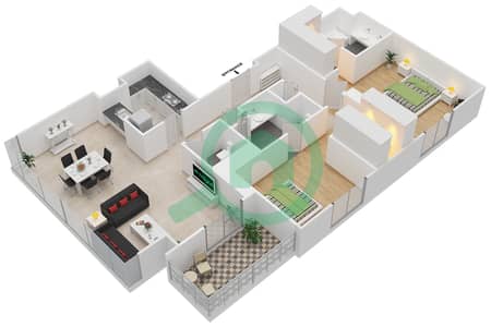 المخططات الطابقية لتصميم الوحدة 1 شقة 2 غرفة نوم - مساكن خور دبي 1 جنوب