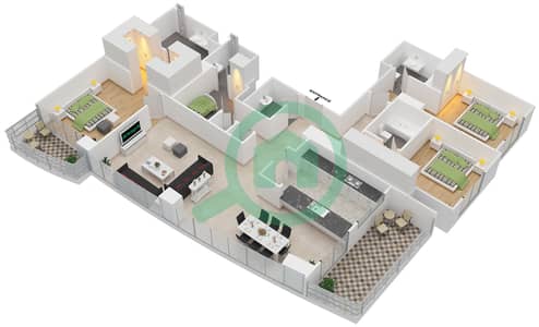 مساكن خور دبي 1 جنوب - 3 غرفة شقق الوحدة 2 مخطط الطابق
