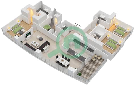 المخططات الطابقية لتصميم الوحدة 2 FLOOR 35-37 شقة 3 غرف نوم - مساكن خور دبي 1 جنوب