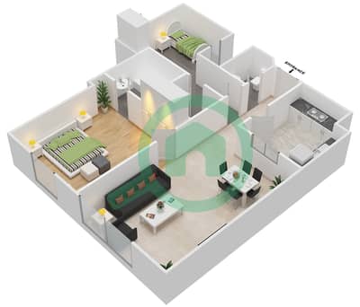 المخططات الطابقية لتصميم النموذج H شقة 1 غرفة نوم - برج الشمس