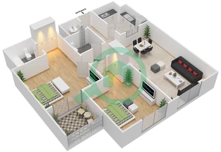 المخططات الطابقية لتصميم النموذج A شقة 2 غرفة نوم - برج الشمس