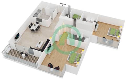 المخططات الطابقية لتصميم النموذج 3(2B-C) شقة 2 غرفة نوم - جرين ليك 1