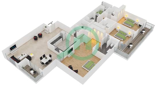 المخططات الطابقية لتصميم النموذج 1(3B-A) شقة 3 غرف نوم - جرين ليك 1