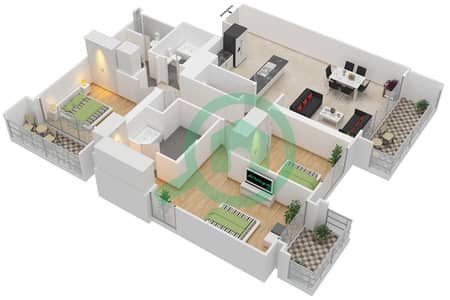 المخططات الطابقية لتصميم الوحدة 1 شقة 3 غرف نوم - هاربور فيوز 1
