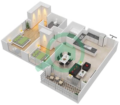 المخططات الطابقية لتصميم الوحدة 7 FLOOR 25-45 شقة 2 غرفة نوم - هاربور فيوز 2