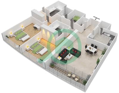 المخططات الطابقية لتصميم النموذج A شقة 2 غرفة نوم - بلو بيتش تاور