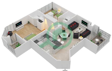 المخططات الطابقية لتصميم النموذج C شقة 2 غرفة نوم - لا ريفييرا