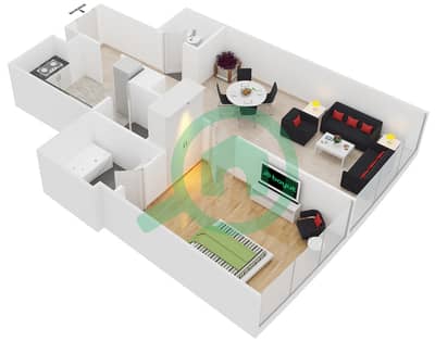 المخططات الطابقية لتصميم النموذج 1 شقة 1 غرفة نوم - برج ماج 214