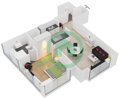 المخططات الطابقية لتصميم النموذج 2 شقة 1 غرفة نوم - برج ماج 214