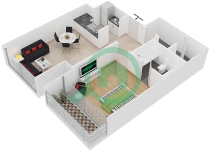 المخططات الطابقية لتصميم النموذج 3 شقة 1 غرفة نوم - برج ماج 214