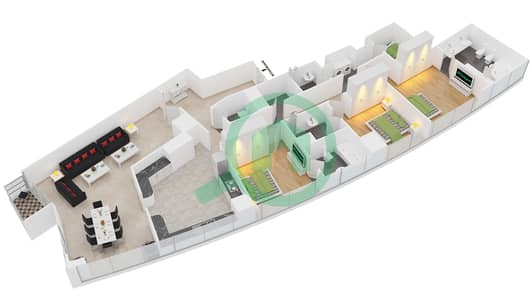 المخططات الطابقية لتصميم النموذج 1 شقة 3 غرف نوم - برج ماج 214
