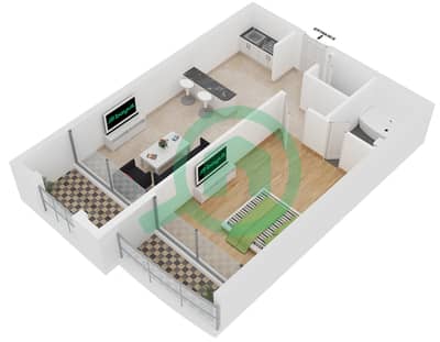 المخططات الطابقية لتصميم النموذج D شقة 1 غرفة نوم - برج مانشستر