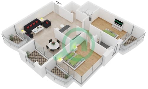 المخططات الطابقية لتصميم النموذج A شقة 2 غرفة نوم - برج مانشستر