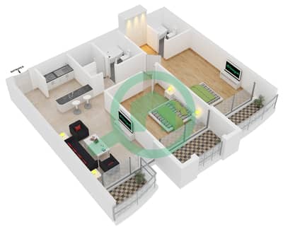 المخططات الطابقية لتصميم النموذج C شقة 2 غرفة نوم - برج مانشستر