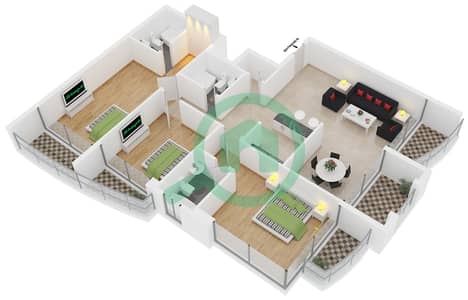 المخططات الطابقية لتصميم النموذج A شقة 3 غرف نوم - برج مانشستر