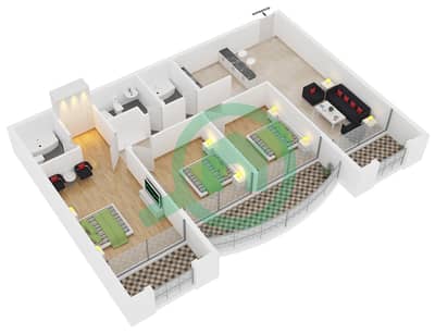 المخططات الطابقية لتصميم النموذج B شقة 3 غرف نوم - برج مانشستر