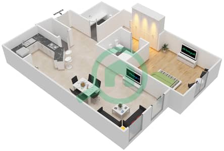 المخططات الطابقية لتصميم النموذج U شقة 1 غرفة نوم - مجموعة البحر المتوسط