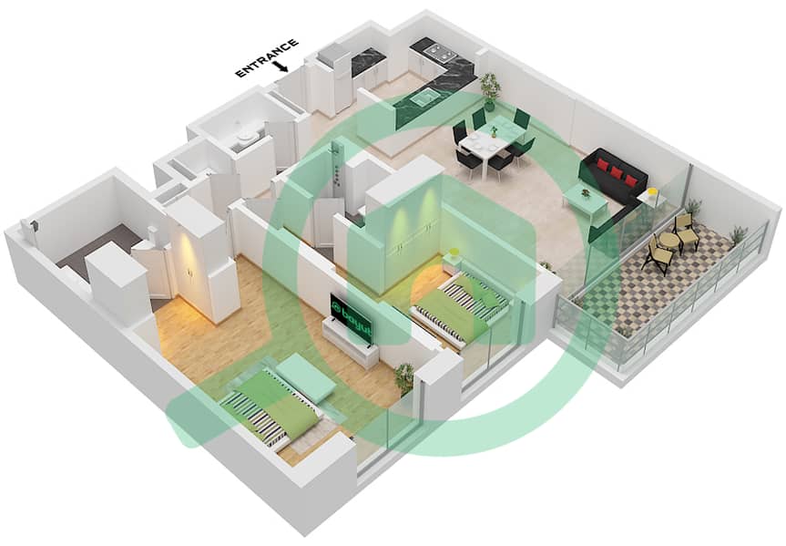 Sky Residences - Planimetria del piano di 2 Camere Appartamento Tipo 2 Type 2 interactive3D