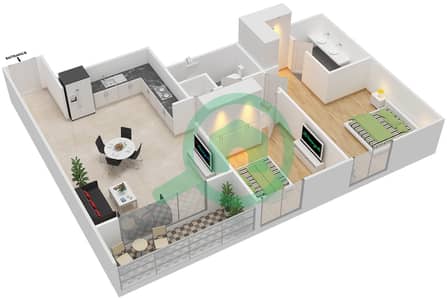 المخططات الطابقية لتصميم الوحدة 12,13,15 شقة 2 غرفة نوم - ايلاند بارك 1