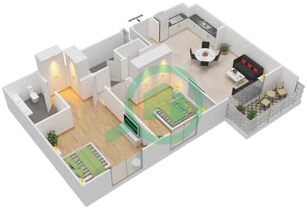 المخططات الطابقية لتصميم الوحدة 11,12,14 شقة 2 غرفة نوم - ايلاند بارك 1