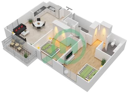 المخططات الطابقية لتصميم الوحدة 5-7 شقة 2 غرفة نوم - ايلاند بارك 1