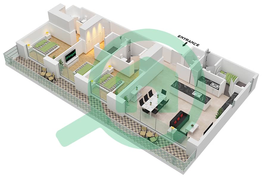 Джомана 1 - Апартамент 3 Cпальни планировка Тип/мера A / UNIT 3 FLOOR 5 Type A Unit 3 Floor 5 interactive3D