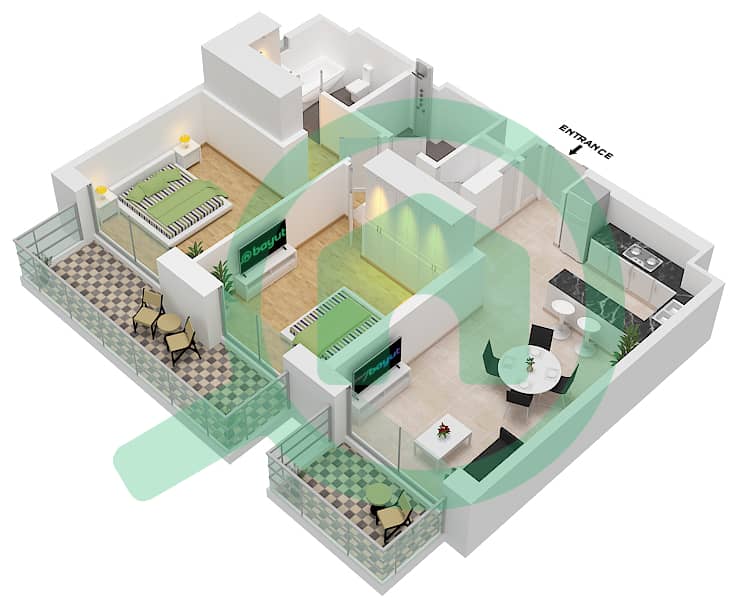 المخططات الطابقية لتصميم النموذج / الوحدة B/UNIT BL3-102 FLOOR 1-4 شقة 2 غرفة نوم - جومانا 3 Type B Unit BL3-102,202,302,402 Floor 1-4 interactive3D