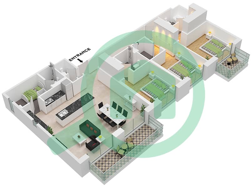 Джомана 3 - Апартамент 3 Cпальни планировка Тип/мера B/UNIT BL3-105 FLOOR 1,3 Type B Unit BL3-105,305,405 Floor 1,3-4 interactive3D