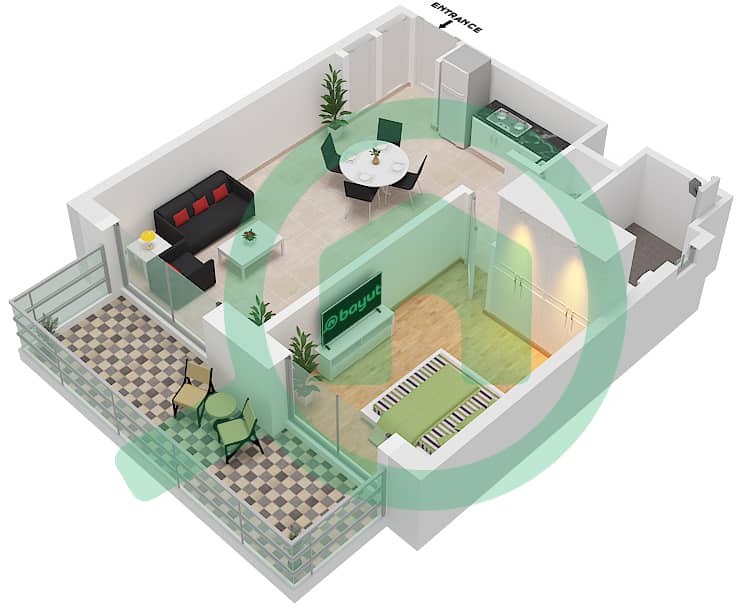 乔马纳3号公寓 - 1 卧室公寓类型／单位B / UNIT BL3-206 FLOOR 2戶型图 Type B Unit BL3-206 Floor 2 interactive3D