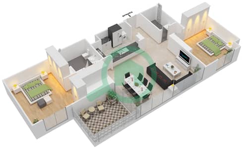 المخططات الطابقية لتصميم الوحدة 5 FLOOR 4-15 شقة 2 غرفة نوم - مساكن خور دبي 2 جنوب
