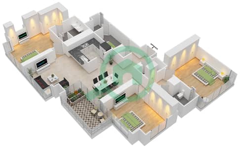 المخططات الطابقية لتصميم الوحدة 1 شقة 3 غرف نوم - مساكن خور دبي 2 جنوب