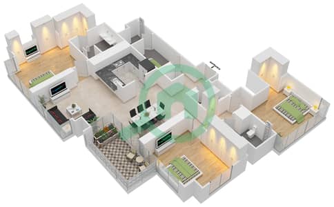 المخططات الطابقية لتصميم الوحدة 1 FLOOR 6,26 شقة 3 غرف نوم - مساكن خور دبي 2 جنوب