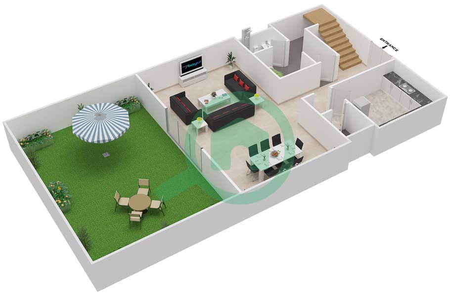 المخططات الطابقية لتصميم الوحدة 4 تاون هاوس 2 غرفة نوم - لوريتو A Ground Floor image3D