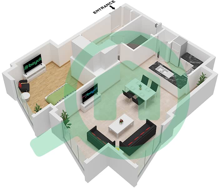 المخططات الطابقية لتصميم النموذج / الوحدة 6 / UNIT 1 FLOOR 2 شقة 1 غرفة نوم - برج B Type 6 Unit 1 Floor 2 interactive3D