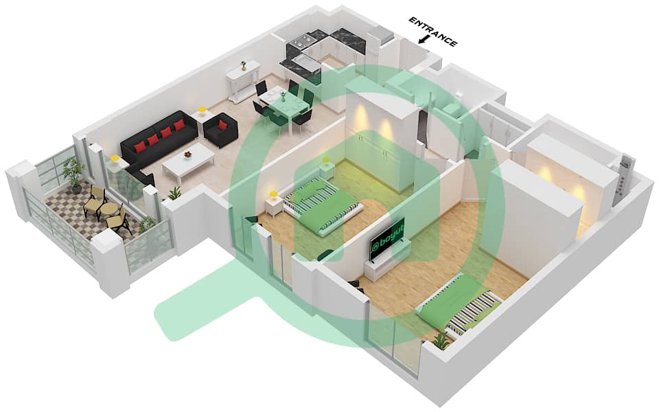 المخططات الطابقية لتصميم النموذج / الوحدة A / UNIT 6 FLOOR 1-8 شقة 2 غرفة نوم - بناية لامتارا 3 Type A Unit 6 Floor 1-8, Unit 8,9 Floor 1,2 interactive3D