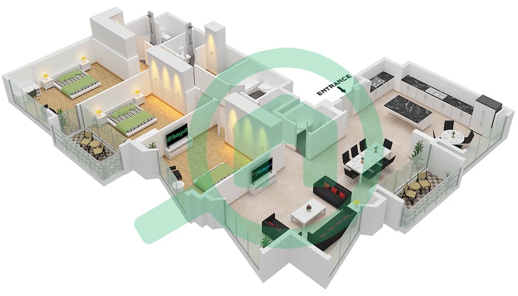 المخططات الطابقية لتصميم النموذج / الوحدة 3 / UNIT 1 FLOOR 25-40 شقة 3 غرف نوم - برج B Type 3 Unit 1 Floor 25-40 interactive3D