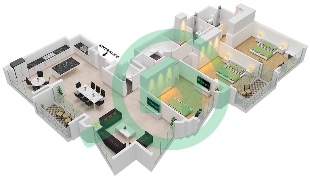 المخططات الطابقية لتصميم النموذج / الوحدة 3M / UNIT 6 FLOOR 25-40 شقة 3 غرف نوم - برج B Type 3M Unit 6 Floor 25-40 interactive3D