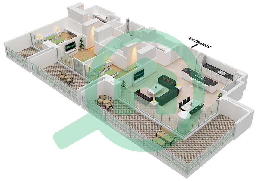 المخططات الطابقية لتصميم النموذج / الوحدة A.1 / UNIT 4 FLOOR 2 شقة 3 غرف نوم - برج سنترال بارك بلازا A Type A.1 Unit 4 Floor 2 interactive3D