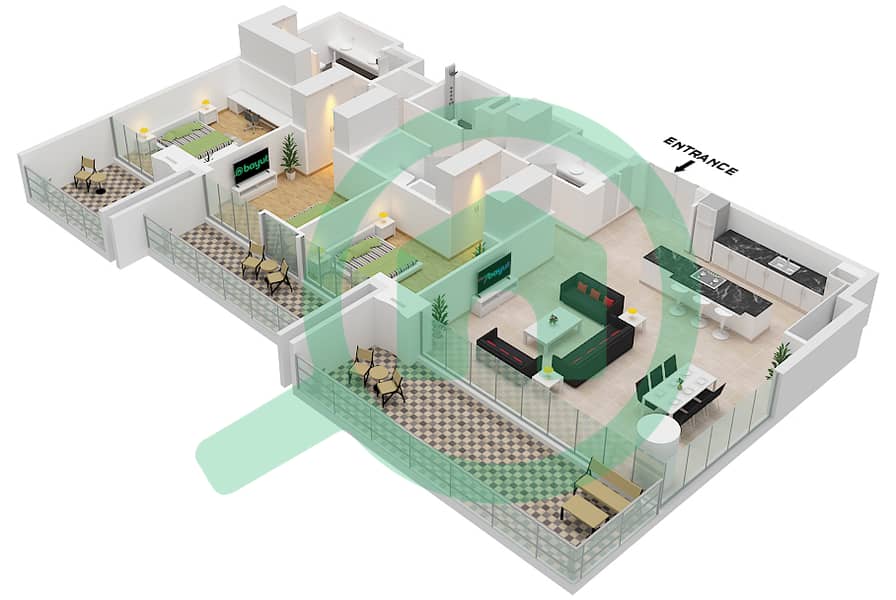 المخططات الطابقية لتصميم النموذج / الوحدة A.2/UNIT 4 FLOOR 3,6,9,12 شقة 3 غرف نوم - برج سنترال بارك بلازا A Type A.2 Unit 4 Floor 3,6,9,12,15 interactive3D
