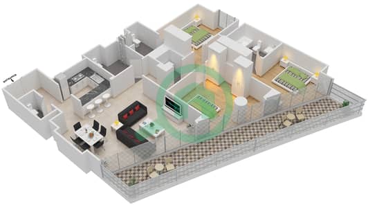 Vida Residences Dubai Marina - 3 Bedroom Apartment Type F Floor plan