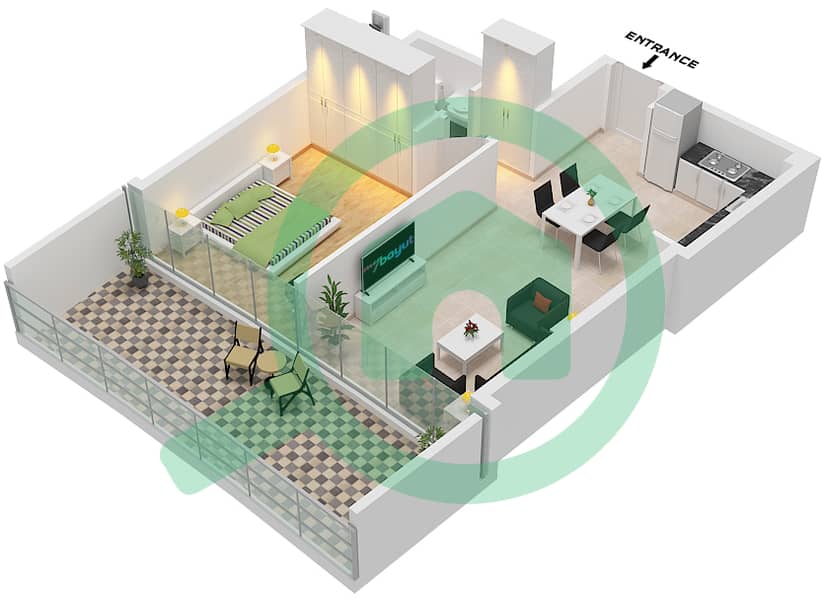Binghatti Hills - 1 卧室公寓类型1戶型图 Type 1 interactive3D
