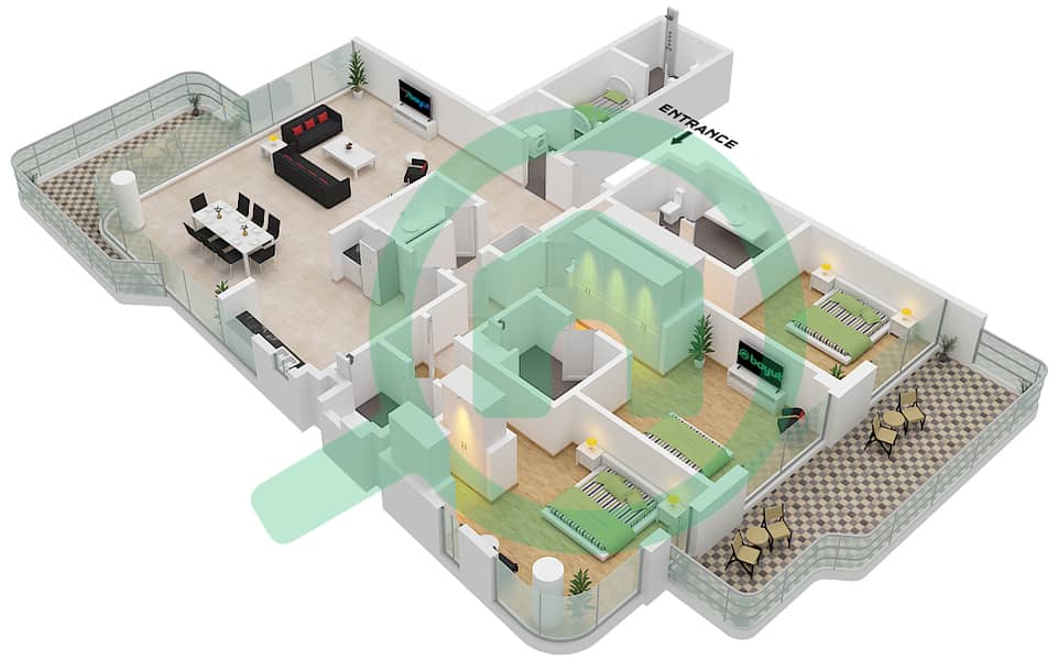 Люче - Апартамент 3 Cпальни планировка Тип D FLOOR 2-7 Type D Floor 2-7 interactive3D