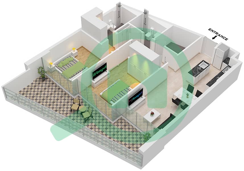 المخططات الطابقية لتصميم الوحدة 4 FLOOR 2 شقة 2 غرفة نوم - 48 باركسايد Unit 4 Floor 2 interactive3D