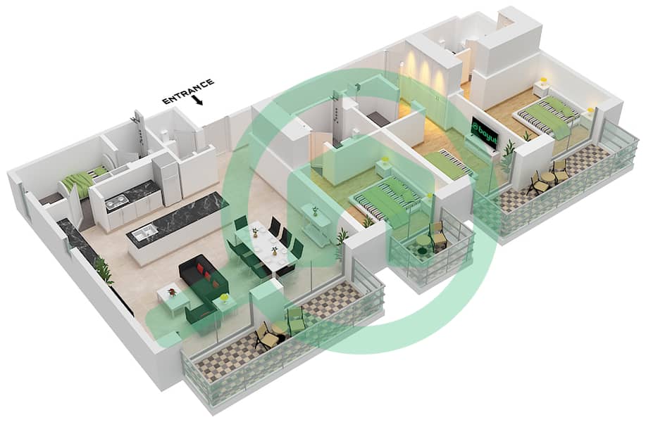 乔马纳8号公寓 - 3 卧室公寓类型／单位B / UNIT 5 FLOOR 2戶型图 Type B Unit 5 Floor 2 interactive3D