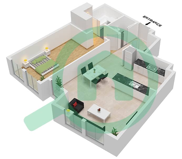 福图纳多住宅楼 - 1 卧室公寓类型F戶型图 Type F Unit 14,15 Floor 1, Unit 71,72 Floor 2, Unit 53,54 Floor 3 interactive3D