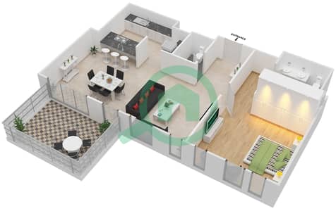 المخططات الطابقية لتصميم النموذج / الوحدة 2-1A/105 شقة 1 غرفة نوم - بلوواترز ريزيدينسز
