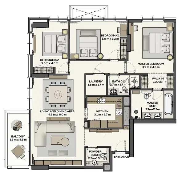 3 BR floor plan